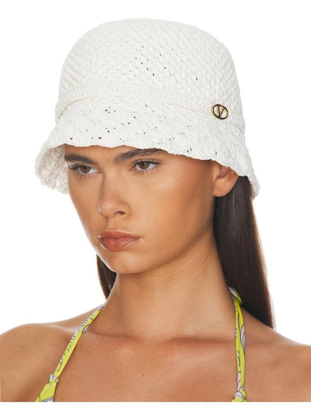 Valentino Garavani Crochet Bucket Hat in Bianco & Gold